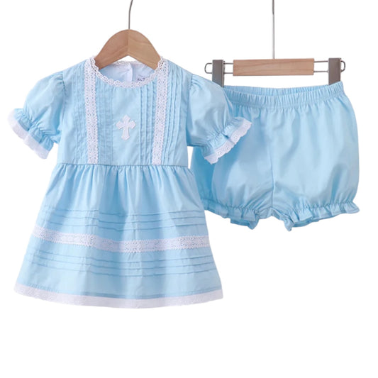 Blue Appliqué Cross Bloomer Set