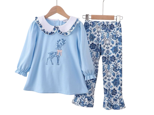 Embroidery Reindeer Two-Piece Girls Set
